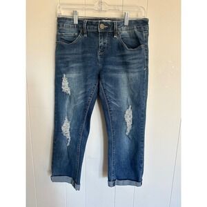 YMI Jeans Women Size 9 Blue Denim Cropped Distressed Ripped Cuffed Capri Jeans